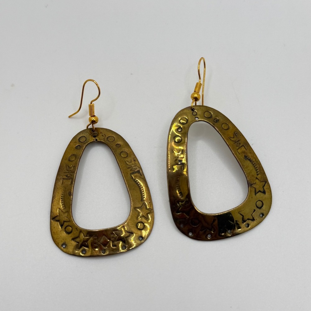 Vintage Brass Celestial Star Moon Stamped Hammered Open Teardrop Drop‎ Earrings